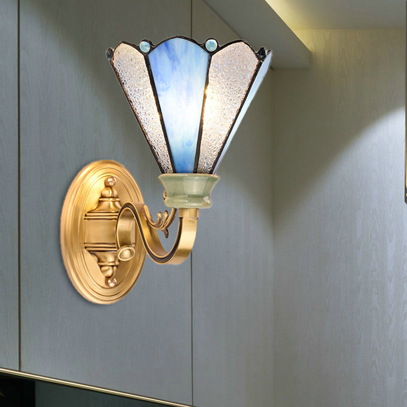 Tiffany Style Cone Wall Lamp Blue Glass 1 Light Wall Lighting in Gold Finish for Corridor Clearhalo 'Industrial' 'Middle century wall lights' 'Tiffany wall lights' 'Tiffany' 'Wall Lamps & Sconces' 'Wall Lights' Lighting' 173329
