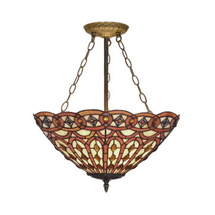 Leaf/Triangle/Rhombus/Grape/Peacock Tail/Gem/Yellow Square Pattern Semi Flush Mount Light Rustic Tiffany Stained Glass 3 Lights Semi Flush Mount in Brass Clearhalo 'Ceiling Lights' 'Close To Ceiling Lights' 'Close to ceiling' 'Glass shade' 'Glass' 'Pendant Lights' 'Semi-flushmount' 'Tiffany close to ceiling' 'Tiffany' Lighting' 17333