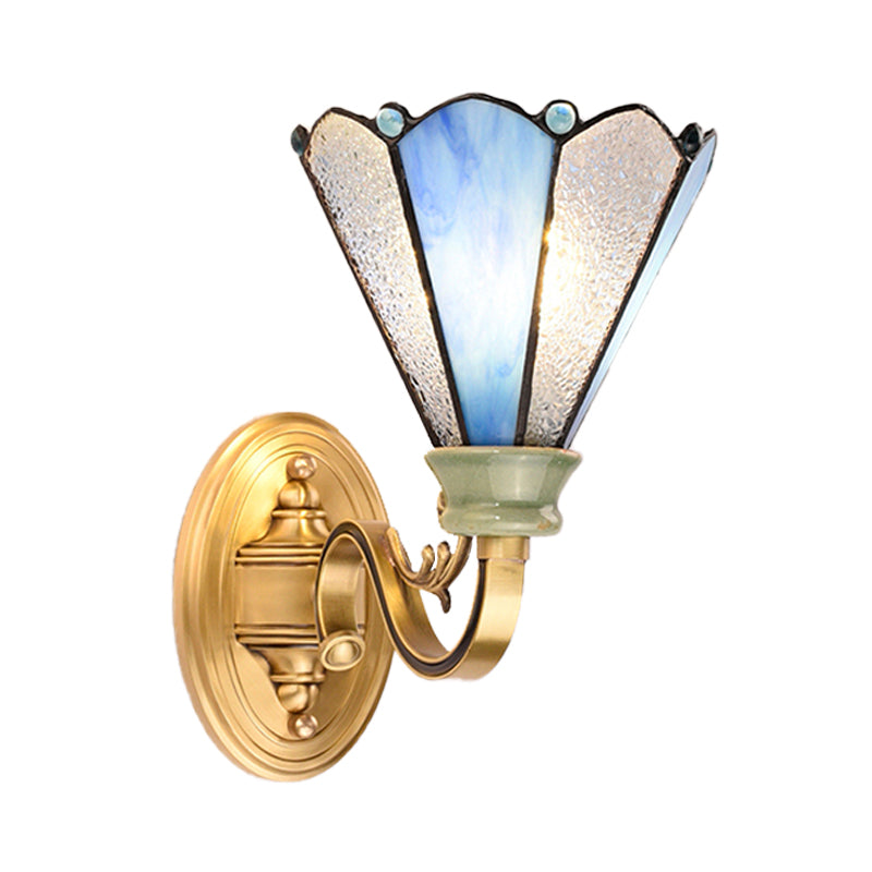 Tiffany Style Cone Wall Lamp Blue Glass 1 Light Wall Lighting in Gold Finish for Corridor Clearhalo 'Industrial' 'Middle century wall lights' 'Tiffany wall lights' 'Tiffany' 'Wall Lamps & Sconces' 'Wall Lights' Lighting' 173330
