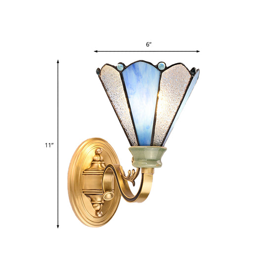 Tiffany Style Cone Wall Lamp Blue Glass 1 Light Wall Lighting in Gold Finish for Corridor Clearhalo 'Industrial' 'Middle century wall lights' 'Tiffany wall lights' 'Tiffany' 'Wall Lamps & Sconces' 'Wall Lights' Lighting' 173331