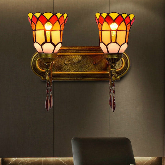 Stained Glass Bell Wall Mount Light with Crystal 2 Lights Rustic Lodge Wall Sconce in Brass Clearhalo 'Industrial' 'Middle century wall lights' 'Tiffany wall lights' 'Tiffany' 'Wall Lamps & Sconces' 'Wall Lights' Lighting' 173334