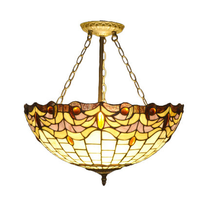Leaf/Triangle/Rhombus/Grape/Peacock Tail/Gem/Yellow Square Pattern Semi Flush Mount Light Rustic Tiffany Stained Glass 3 Lights Semi Flush Mount in Brass Brass Yellow Square Clearhalo 'Ceiling Lights' 'Close To Ceiling Lights' 'Close to ceiling' 'Glass shade' 'Glass' 'Pendant Lights' 'Semi-flushmount' 'Tiffany close to ceiling' 'Tiffany' Lighting' 17334