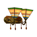 Mission Pyramid Wall Sconce Light Stained Glass 2 Heads Wall Light for Living Room Clearhalo 'Industrial' 'Middle century wall lights' 'Tiffany wall lights' 'Tiffany' 'Wall Lamps & Sconces' 'Wall Lights' Lighting' 173346