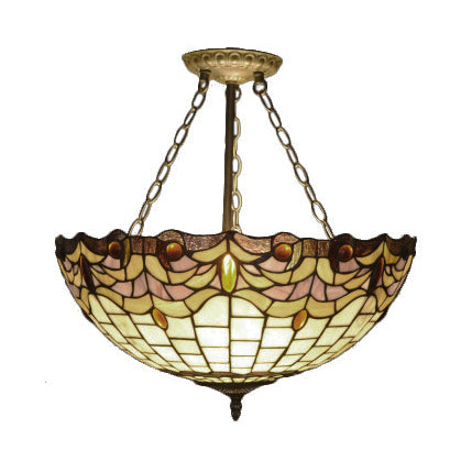 Leaf/Triangle/Rhombus/Grape/Peacock Tail/Gem/Yellow Square Pattern Semi Flush Mount Light Rustic Tiffany Stained Glass 3 Lights Semi Flush Mount in Brass Clearhalo 'Ceiling Lights' 'Close To Ceiling Lights' 'Close to ceiling' 'Glass shade' 'Glass' 'Pendant Lights' 'Semi-flushmount' 'Tiffany close to ceiling' 'Tiffany' Lighting' 17335