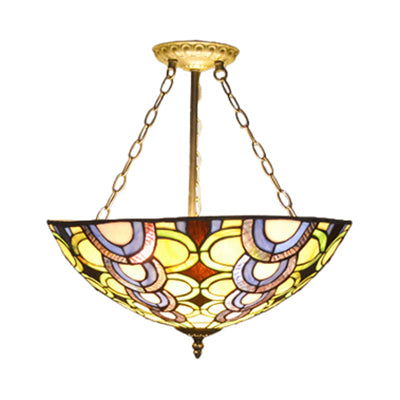 Leaf/Triangle/Rhombus/Grape/Peacock Tail/Gem/Yellow Square Pattern Semi Flush Mount Light Rustic Tiffany Stained Glass 3 Lights Semi Flush Mount in Brass Brass Peacock Tail Clearhalo 'Ceiling Lights' 'Close To Ceiling Lights' 'Close to ceiling' 'Glass shade' 'Glass' 'Pendant Lights' 'Semi-flushmount' 'Tiffany close to ceiling' 'Tiffany' Lighting' 17336