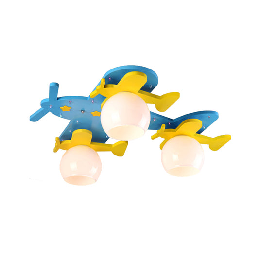 Kids Airplane Ceiling Mount Light with 3 Globe Shade Wood Ceiling Fixture in Blue for Boys Bedroom Clearhalo 'Ceiling Lights' 'Close To Ceiling Lights' 'Close to ceiling' 'Flush mount' Lighting' 173378