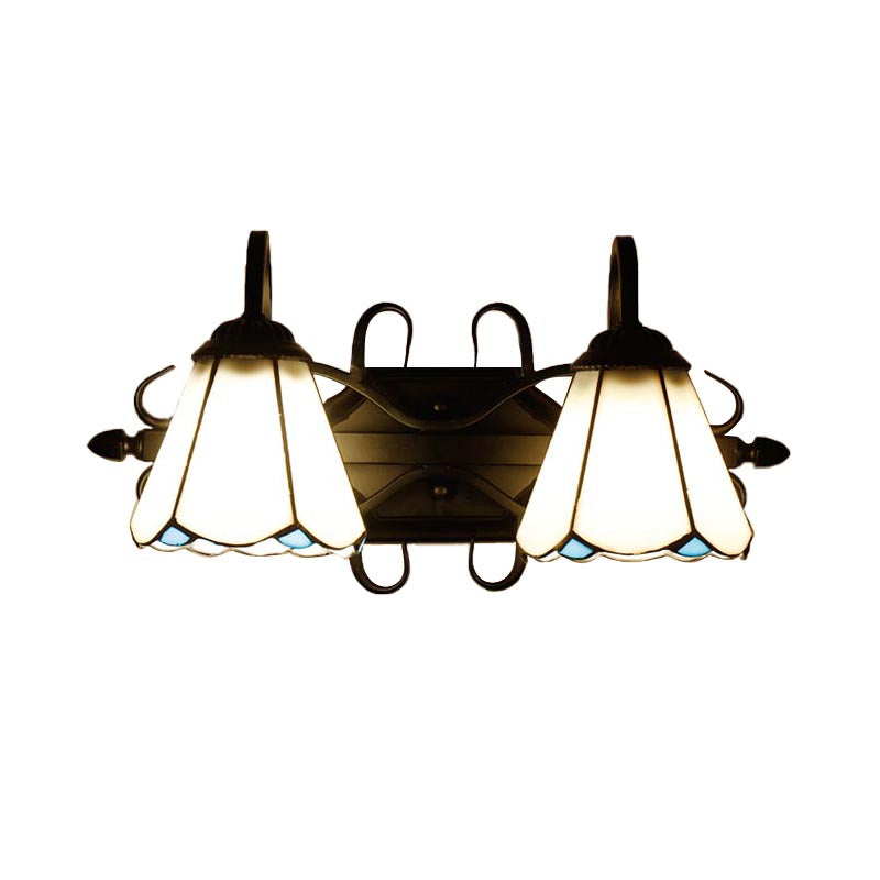 2 Lights Cone Sconce Lamp Retro Tiffany Stained Glass Wall Lighting in Beige/Blue for Living Room Clearhalo 'Industrial' 'Middle century wall lights' 'Tiffany wall lights' 'Tiffany' 'Wall Lamps & Sconces' 'Wall Lights' Lighting' 173388