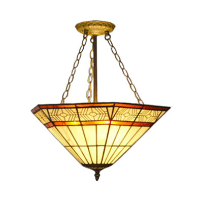 Leaf/Triangle/Rhombus/Grape/Peacock Tail/Gem/Yellow Square Pattern Semi Flush Mount Light Rustic Tiffany Stained Glass 3 Lights Semi Flush Mount in Brass Brass Triangle Clearhalo 'Ceiling Lights' 'Close To Ceiling Lights' 'Close to ceiling' 'Glass shade' 'Glass' 'Pendant Lights' 'Semi-flushmount' 'Tiffany close to ceiling' 'Tiffany' Lighting' 17339