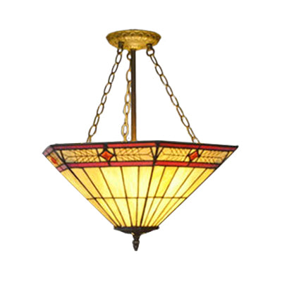 Leaf/Triangle/Rhombus/Grape/Peacock Tail/Gem/Yellow Square Pattern Semi Flush Mount Light Rustic Tiffany Stained Glass 3 Lights Semi Flush Mount in Brass Brass Rhombus Clearhalo 'Ceiling Lights' 'Close To Ceiling Lights' 'Close to ceiling' 'Glass shade' 'Glass' 'Pendant Lights' 'Semi-flushmount' 'Tiffany close to ceiling' 'Tiffany' Lighting' 17341