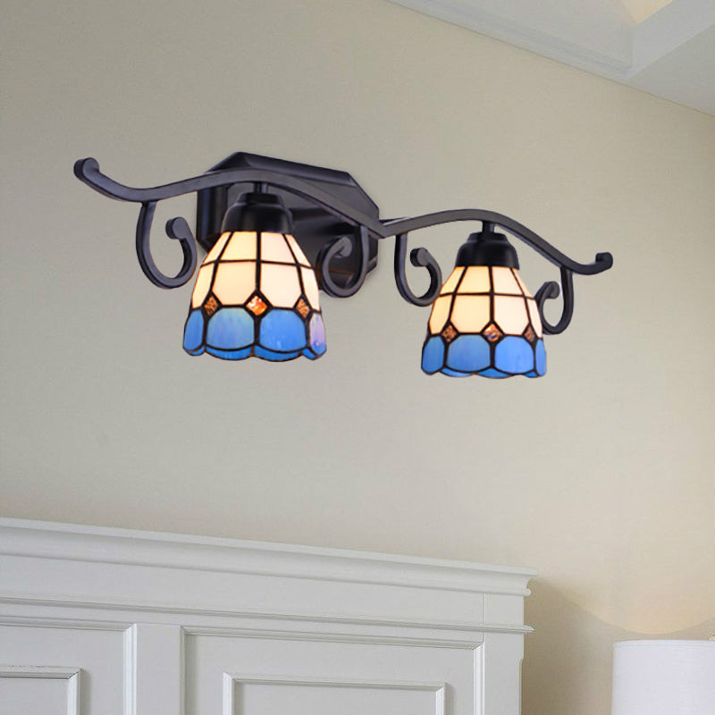 Vintage Dome Wall Sconce Lighting Stained Glass 2 Heads Wall Mount Light in Black Blue Clearhalo 'Industrial' 'Middle century wall lights' 'Tiffany wall lights' 'Tiffany' 'Wall Lamps & Sconces' 'Wall Lights' Lighting' 173424