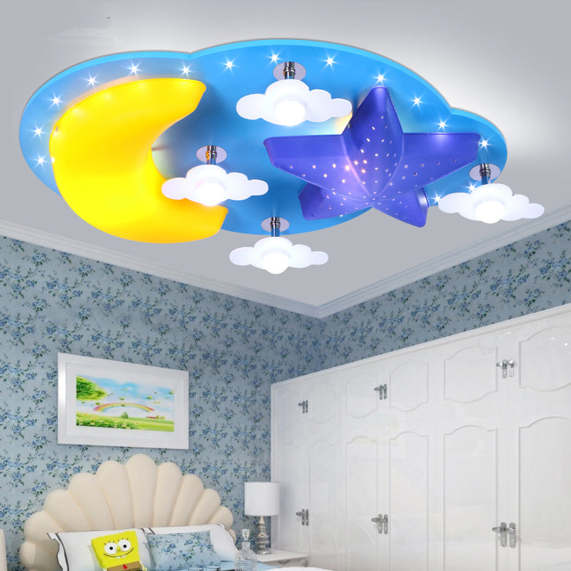 Blue Star Moon Ceiling Mount Light Cartoon Wood Ceiling Lamp for Boys Girls Bedroom Blue C Clearhalo 'Ceiling Lights' 'Close To Ceiling Lights' 'Close to ceiling' 'Flush mount' Lighting' 173440