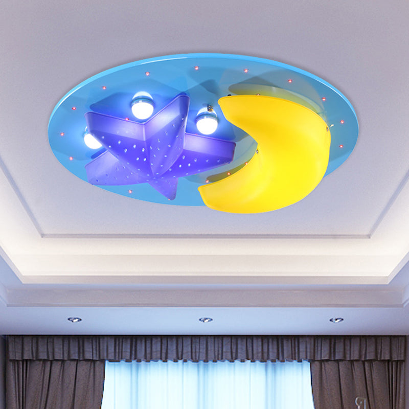 Blue Star Moon Ceiling Mount Light Cartoon Wood Ceiling Lamp for Boys Girls Bedroom Blue B Clearhalo 'Ceiling Lights' 'Close To Ceiling Lights' 'Close to ceiling' 'Flush mount' Lighting' 173444