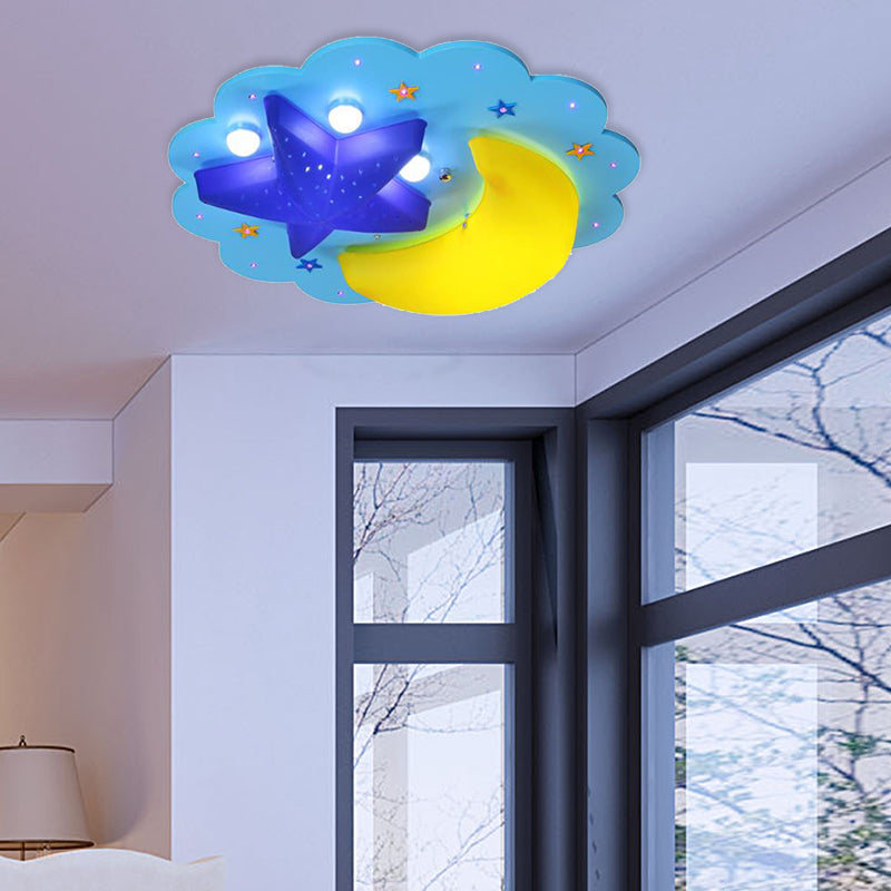 Blue Star Moon Ceiling Mount Light Cartoon Wood Ceiling Lamp for Boys Girls Bedroom Blue A Clearhalo 'Ceiling Lights' 'Close To Ceiling Lights' 'Close to ceiling' 'Flush mount' Lighting' 173448