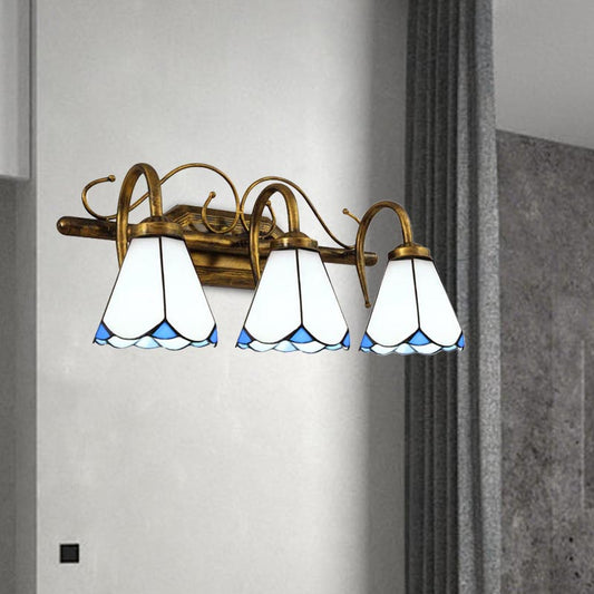 Vintage Conical Wall Sconce Light Stained Glass 3 Lights Wall Lighting in White for Bathroom White Clearhalo 'Industrial' 'Middle century wall lights' 'Tiffany wall lights' 'Tiffany' 'Wall Lamps & Sconces' 'Wall Lights' Lighting' 173474