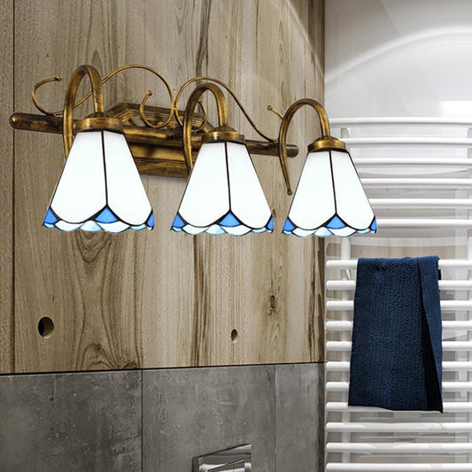 Vintage Conical Wall Sconce Light Stained Glass 3 Lights Wall Lighting in White for Bathroom Clearhalo 'Industrial' 'Middle century wall lights' 'Tiffany wall lights' 'Tiffany' 'Wall Lamps & Sconces' 'Wall Lights' Lighting' 173475