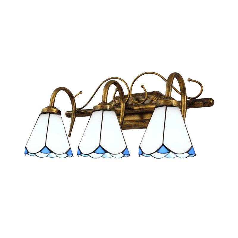 Vintage Conical Wall Sconce Light Stained Glass 3 Lights Wall Lighting in White for Bathroom Clearhalo 'Industrial' 'Middle century wall lights' 'Tiffany wall lights' 'Tiffany' 'Wall Lamps & Sconces' 'Wall Lights' Lighting' 173476