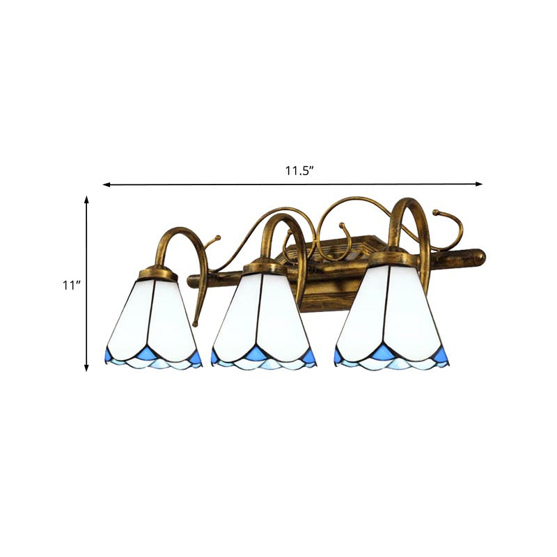 Vintage Conical Wall Sconce Light Stained Glass 3 Lights Wall Lighting in White for Bathroom Clearhalo 'Industrial' 'Middle century wall lights' 'Tiffany wall lights' 'Tiffany' 'Wall Lamps & Sconces' 'Wall Lights' Lighting' 173477