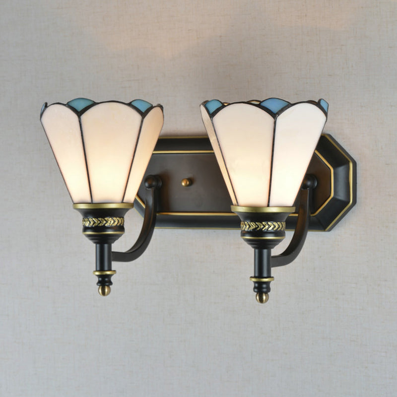 Traditional Cone Wall Lighting Stained Glass 2 Heads Wall Mount Light for Kitchen White Clearhalo 'Industrial' 'Middle century wall lights' 'Tiffany wall lights' 'Tiffany' 'Wall Lamps & Sconces' 'Wall Lights' Lighting' 173478