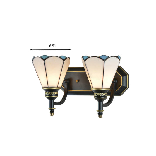 Traditional Cone Wall Lighting Stained Glass 2 Heads Wall Mount Light for Kitchen Clearhalo 'Industrial' 'Middle century wall lights' 'Tiffany wall lights' 'Tiffany' 'Wall Lamps & Sconces' 'Wall Lights' Lighting' 173481