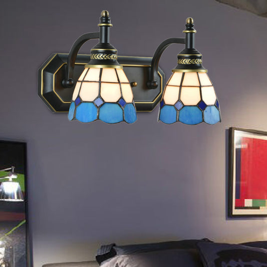 Mediterranean Bowl Wall Lighting Stained Glass 2 Lights Wall Sconce Lamp in Black for Bedroom Clearhalo 'Industrial' 'Middle century wall lights' 'Tiffany wall lights' 'Tiffany' 'Wall Lamps & Sconces' 'Wall Lights' Lighting' 173484