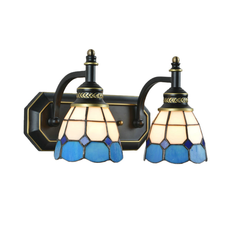 Mediterranean Bowl Wall Lighting Stained Glass 2 Lights Wall Sconce Lamp in Black for Bedroom Clearhalo 'Industrial' 'Middle century wall lights' 'Tiffany wall lights' 'Tiffany' 'Wall Lamps & Sconces' 'Wall Lights' Lighting' 173485