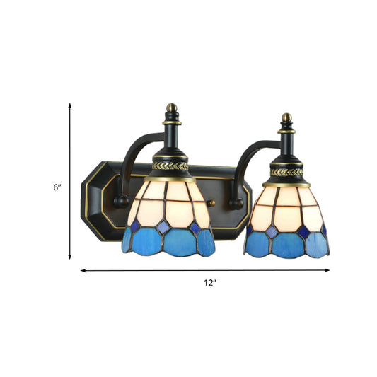 Mediterranean Bowl Wall Lighting Stained Glass 2 Lights Wall Sconce Lamp in Black for Bedroom Clearhalo 'Industrial' 'Middle century wall lights' 'Tiffany wall lights' 'Tiffany' 'Wall Lamps & Sconces' 'Wall Lights' Lighting' 173486