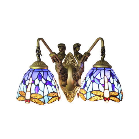 Blue Glass Dragonfly Wall Lamp Tiffany 2 Heads Brass Sconce Light with/without Pull Chain Clearhalo 'Industrial' 'Middle century wall lights' 'Tiffany wall lights' 'Tiffany' 'Wall Lamps & Sconces' 'Wall Lights' Lighting' 17351