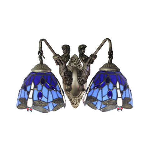 Blue Glass Dragonfly Wall Lamp Tiffany 2 Heads Brass Sconce Light with/without Pull Chain Clearhalo 'Industrial' 'Middle century wall lights' 'Tiffany wall lights' 'Tiffany' 'Wall Lamps & Sconces' 'Wall Lights' Lighting' 17352