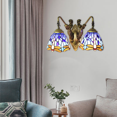 Blue Glass Dragonfly Wall Lamp Tiffany 2 Heads Brass Sconce Light with/without Pull Chain Blue without Pull Chain Clearhalo 'Industrial' 'Middle century wall lights' 'Tiffany wall lights' 'Tiffany' 'Wall Lamps & Sconces' 'Wall Lights' Lighting' 17353