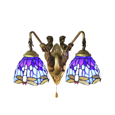 Blue Glass Dragonfly Wall Lamp Tiffany 2 Heads Brass Sconce Light with/without Pull Chain Clearhalo 'Industrial' 'Middle century wall lights' 'Tiffany wall lights' 'Tiffany' 'Wall Lamps & Sconces' 'Wall Lights' Lighting' 17354