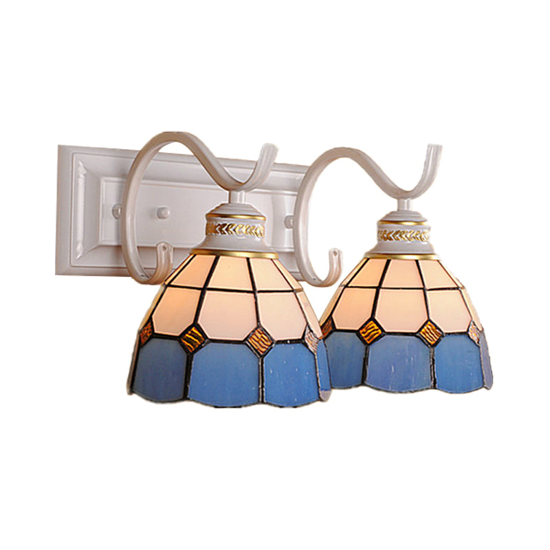 2 Lights Domed Wall Light Fixture Mediterranean Stained Glass Vanity Light in White/Black for Bathroom Clearhalo 'Industrial' 'Middle century wall lights' 'Tiffany wall lights' 'Tiffany' 'Wall Lamps & Sconces' 'Wall Lights' Lighting' 173542
