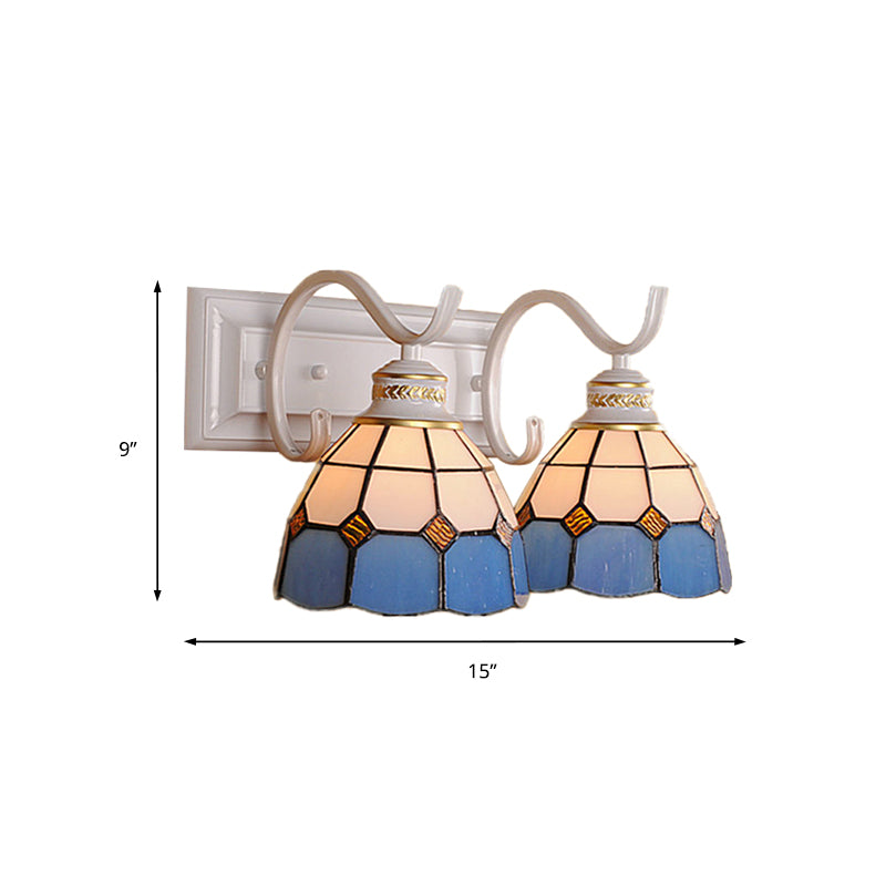 2 Lights Domed Wall Light Fixture Mediterranean Stained Glass Vanity Light in White/Black for Bathroom Clearhalo 'Industrial' 'Middle century wall lights' 'Tiffany wall lights' 'Tiffany' 'Wall Lamps & Sconces' 'Wall Lights' Lighting' 173543