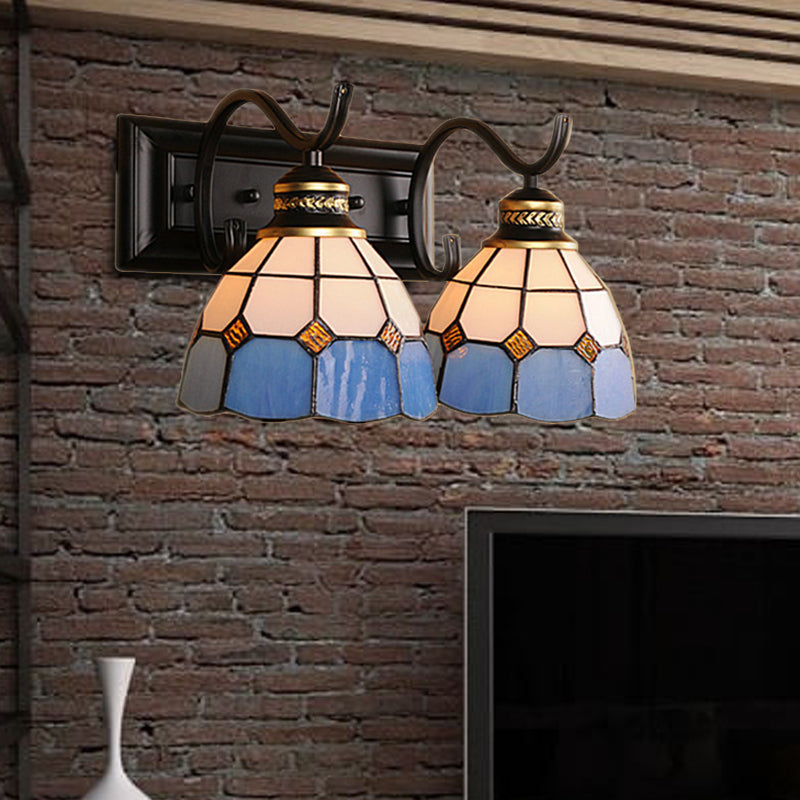 2 Lights Domed Wall Light Fixture Mediterranean Stained Glass Vanity Light in White/Black for Bathroom Clearhalo 'Industrial' 'Middle century wall lights' 'Tiffany wall lights' 'Tiffany' 'Wall Lamps & Sconces' 'Wall Lights' Lighting' 173545