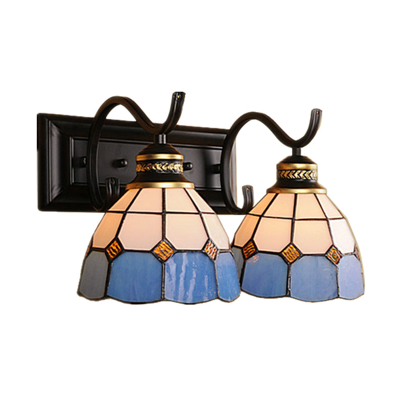 2 Lights Domed Wall Light Fixture Mediterranean Stained Glass Vanity Light in White/Black for Bathroom Clearhalo 'Industrial' 'Middle century wall lights' 'Tiffany wall lights' 'Tiffany' 'Wall Lamps & Sconces' 'Wall Lights' Lighting' 173546
