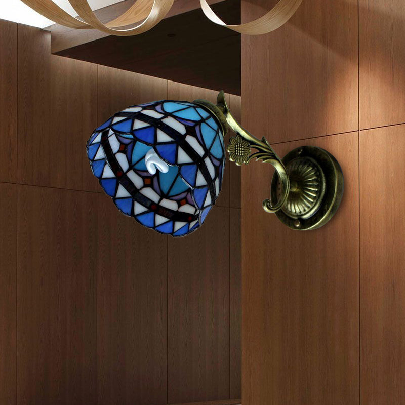 1 Light Bowl Wall Lighting Baroque Style Stained Glass Wall Mount Light in Blue for Corridor Blue Clearhalo 'Industrial' 'Middle century wall lights' 'Tiffany wall lights' 'Tiffany' 'Wall Lamps & Sconces' 'Wall Lights' Lighting' 173547