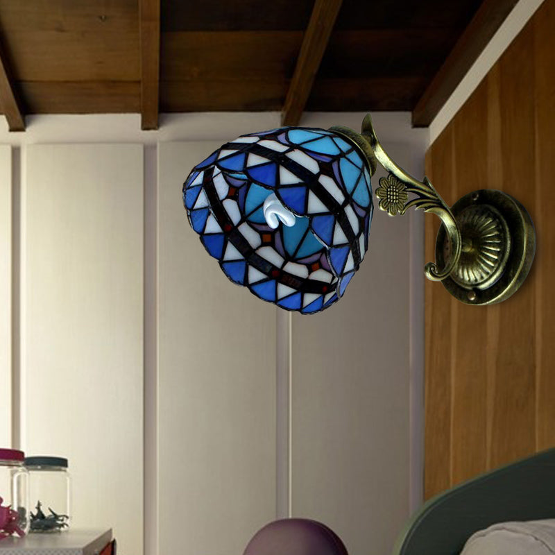 1 Light Bowl Wall Lighting Baroque Style Stained Glass Wall Mount Light in Blue for Corridor Clearhalo 'Industrial' 'Middle century wall lights' 'Tiffany wall lights' 'Tiffany' 'Wall Lamps & Sconces' 'Wall Lights' Lighting' 173548