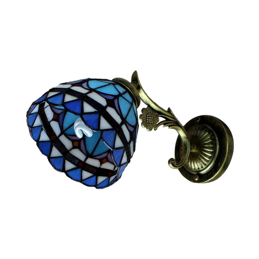 1 Light Bowl Wall Lighting Baroque Style Stained Glass Wall Mount Light in Blue for Corridor Clearhalo 'Industrial' 'Middle century wall lights' 'Tiffany wall lights' 'Tiffany' 'Wall Lamps & Sconces' 'Wall Lights' Lighting' 173549