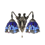 Blue Glass Dragonfly Wall Lamp Tiffany 2 Heads Brass Sconce Light with/without Pull Chain Clearhalo 'Industrial' 'Middle century wall lights' 'Tiffany wall lights' 'Tiffany' 'Wall Lamps & Sconces' 'Wall Lights' Lighting' 17355