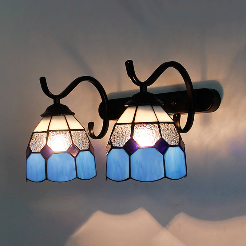 Tiffany Dome Wall Sconce Lamp Stained Glass 2 Heads Bathroom Wall Mount Light in Light Blue/Orange Red/Green/Clear/Royal Blue Royal Blue Clearhalo 'Industrial' 'Middle century wall lights' 'Tiffany wall lights' 'Tiffany' 'Wall Lamps & Sconces' 'Wall Lights' Lighting' 173564