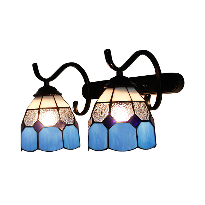 Tiffany Dome Wall Sconce Lamp Stained Glass 2 Heads Bathroom Wall Mount Light in Light Blue/Orange Red/Green/Clear/Royal Blue Clearhalo 'Industrial' 'Middle century wall lights' 'Tiffany wall lights' 'Tiffany' 'Wall Lamps & Sconces' 'Wall Lights' Lighting' 173566
