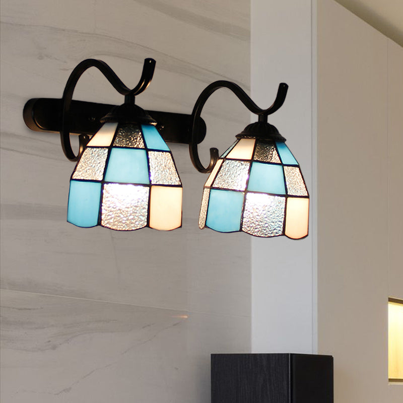 Tiffany Dome Wall Sconce Lamp Stained Glass 2 Heads Bathroom Wall Mount Light in Light Blue/Orange Red/Green/Clear/Royal Blue Clearhalo 'Industrial' 'Middle century wall lights' 'Tiffany wall lights' 'Tiffany' 'Wall Lamps & Sconces' 'Wall Lights' Lighting' 173569