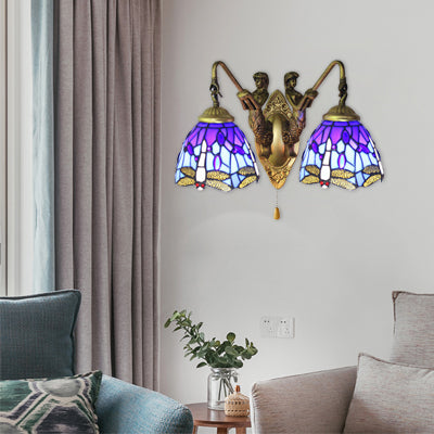 Blue Glass Dragonfly Wall Lamp Tiffany 2 Heads Brass Sconce Light with/without Pull Chain Blue with Pull Chain Clearhalo 'Industrial' 'Middle century wall lights' 'Tiffany wall lights' 'Tiffany' 'Wall Lamps & Sconces' 'Wall Lights' Lighting' 17356
