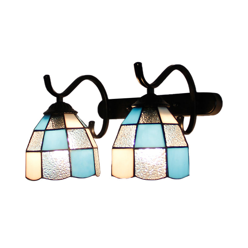 Tiffany Dome Wall Sconce Lamp Stained Glass 2 Heads Bathroom Wall Mount Light in Light Blue/Orange Red/Green/Clear/Royal Blue Clearhalo 'Industrial' 'Middle century wall lights' 'Tiffany wall lights' 'Tiffany' 'Wall Lamps & Sconces' 'Wall Lights' Lighting' 173570