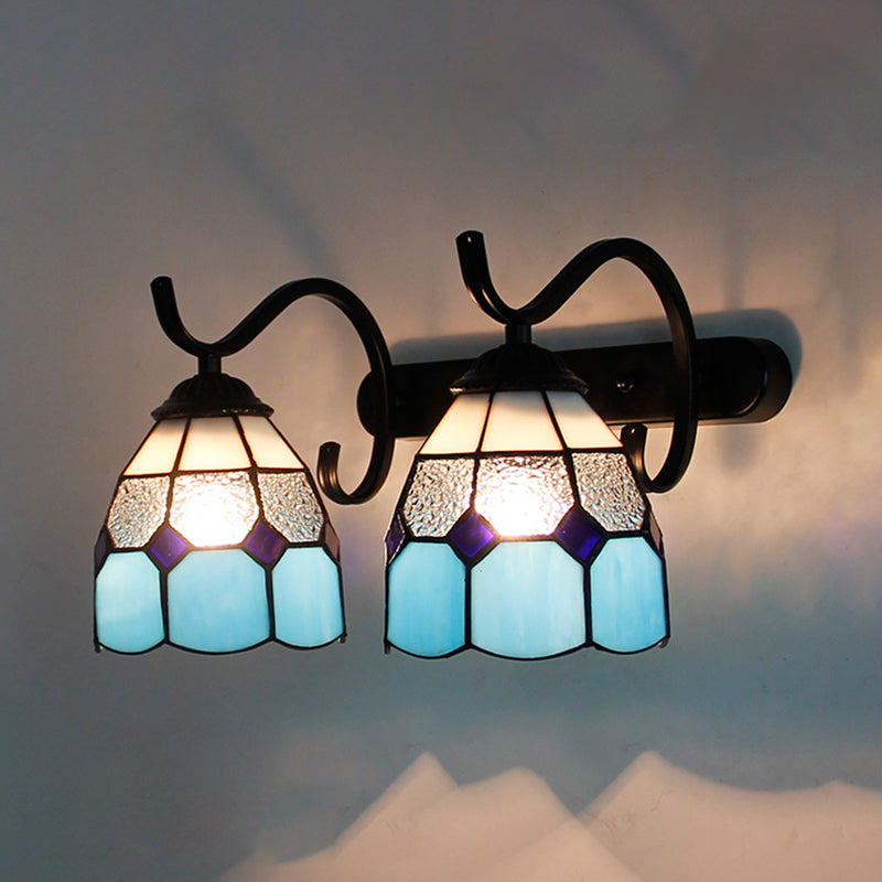 Tiffany Dome Wall Sconce Lamp Stained Glass 2 Heads Bathroom Wall Mount Light in Light Blue/Orange Red/Green/Clear/Royal Blue Light Blue Clearhalo 'Industrial' 'Middle century wall lights' 'Tiffany wall lights' 'Tiffany' 'Wall Lamps & Sconces' 'Wall Lights' Lighting' 173574