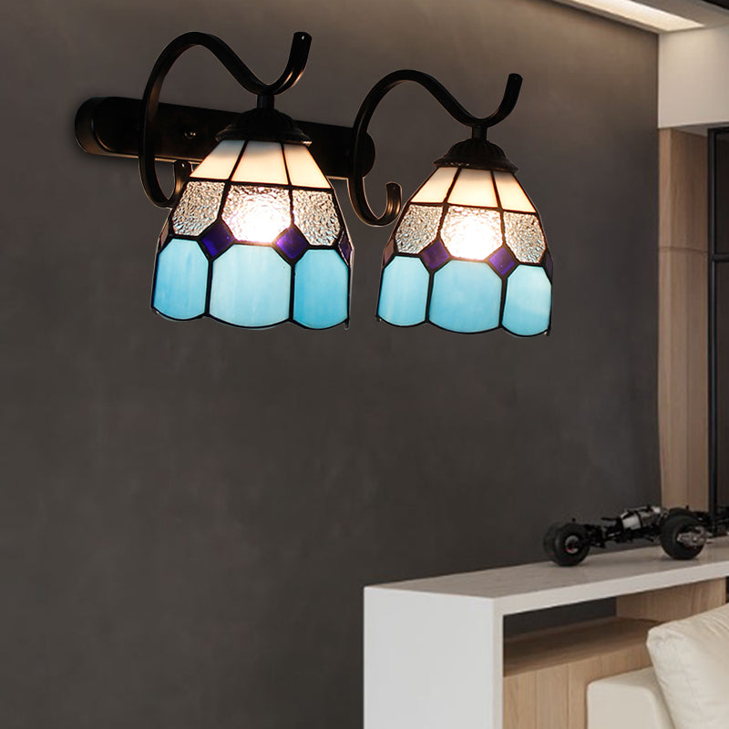 Tiffany Dome Wall Sconce Lamp Stained Glass 2 Heads Bathroom Wall Mount Light in Light Blue/Orange Red/Green/Clear/Royal Blue Clearhalo 'Industrial' 'Middle century wall lights' 'Tiffany wall lights' 'Tiffany' 'Wall Lamps & Sconces' 'Wall Lights' Lighting' 173575
