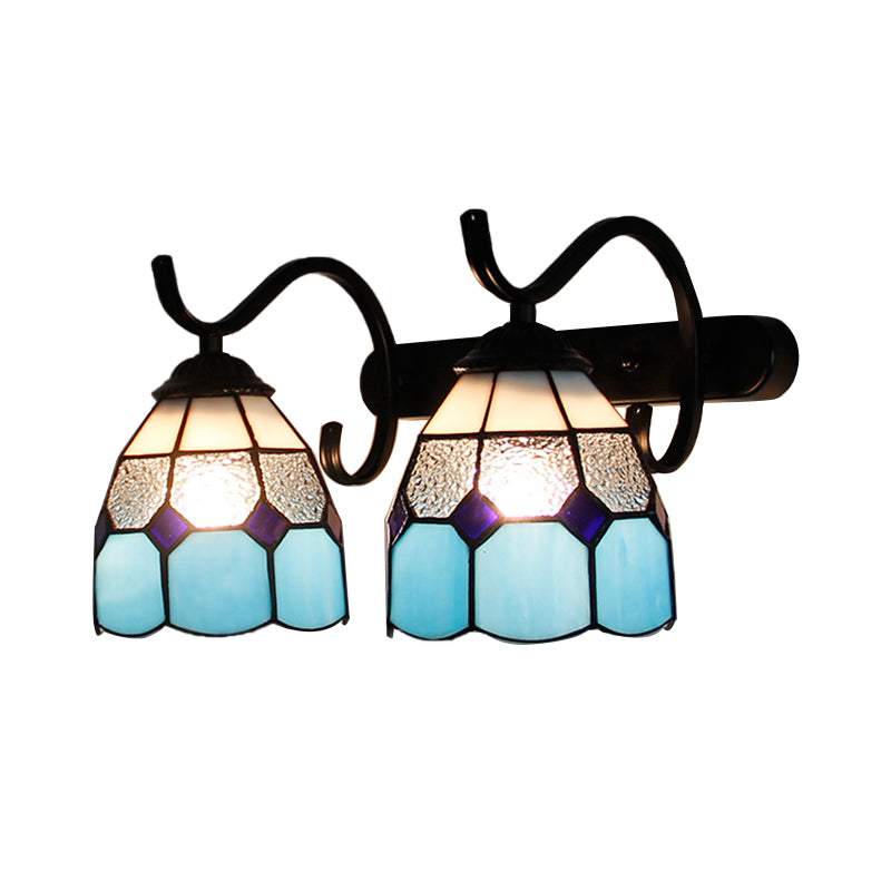 Tiffany Dome Wall Sconce Lamp Stained Glass 2 Heads Bathroom Wall Mount Light in Light Blue/Orange Red/Green/Clear/Royal Blue Clearhalo 'Industrial' 'Middle century wall lights' 'Tiffany wall lights' 'Tiffany' 'Wall Lamps & Sconces' 'Wall Lights' Lighting' 173576