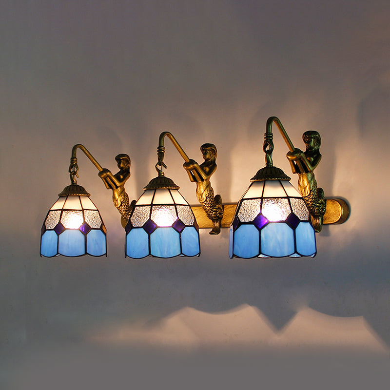 3 Heads Grid Patterned Wall Light Fixture Tiffany Light Blue/Green/Clear Dimpled Glass Sconce Lighting Royal Blue Clearhalo 'Industrial' 'Middle century wall lights' 'Tiffany wall lights' 'Tiffany' 'Wall Lamps & Sconces' 'Wall Lights' Lighting' 173600