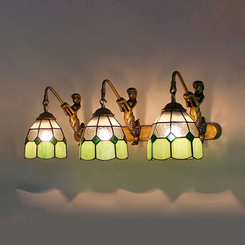 3 Heads Grid Patterned Wall Light Fixture Tiffany Light Blue/Green/Clear Dimpled Glass Sconce Lighting Green Clearhalo 'Industrial' 'Middle century wall lights' 'Tiffany wall lights' 'Tiffany' 'Wall Lamps & Sconces' 'Wall Lights' Lighting' 173604