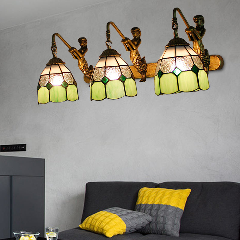 3 Heads Grid Patterned Wall Light Fixture Tiffany Light Blue/Green/Clear Dimpled Glass Sconce Lighting Clearhalo 'Industrial' 'Middle century wall lights' 'Tiffany wall lights' 'Tiffany' 'Wall Lamps & Sconces' 'Wall Lights' Lighting' 173605