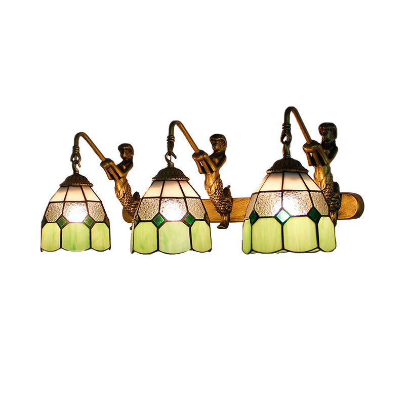 3 Heads Grid Patterned Wall Light Fixture Tiffany Light Blue/Green/Clear Dimpled Glass Sconce Lighting Clearhalo 'Industrial' 'Middle century wall lights' 'Tiffany wall lights' 'Tiffany' 'Wall Lamps & Sconces' 'Wall Lights' Lighting' 173606